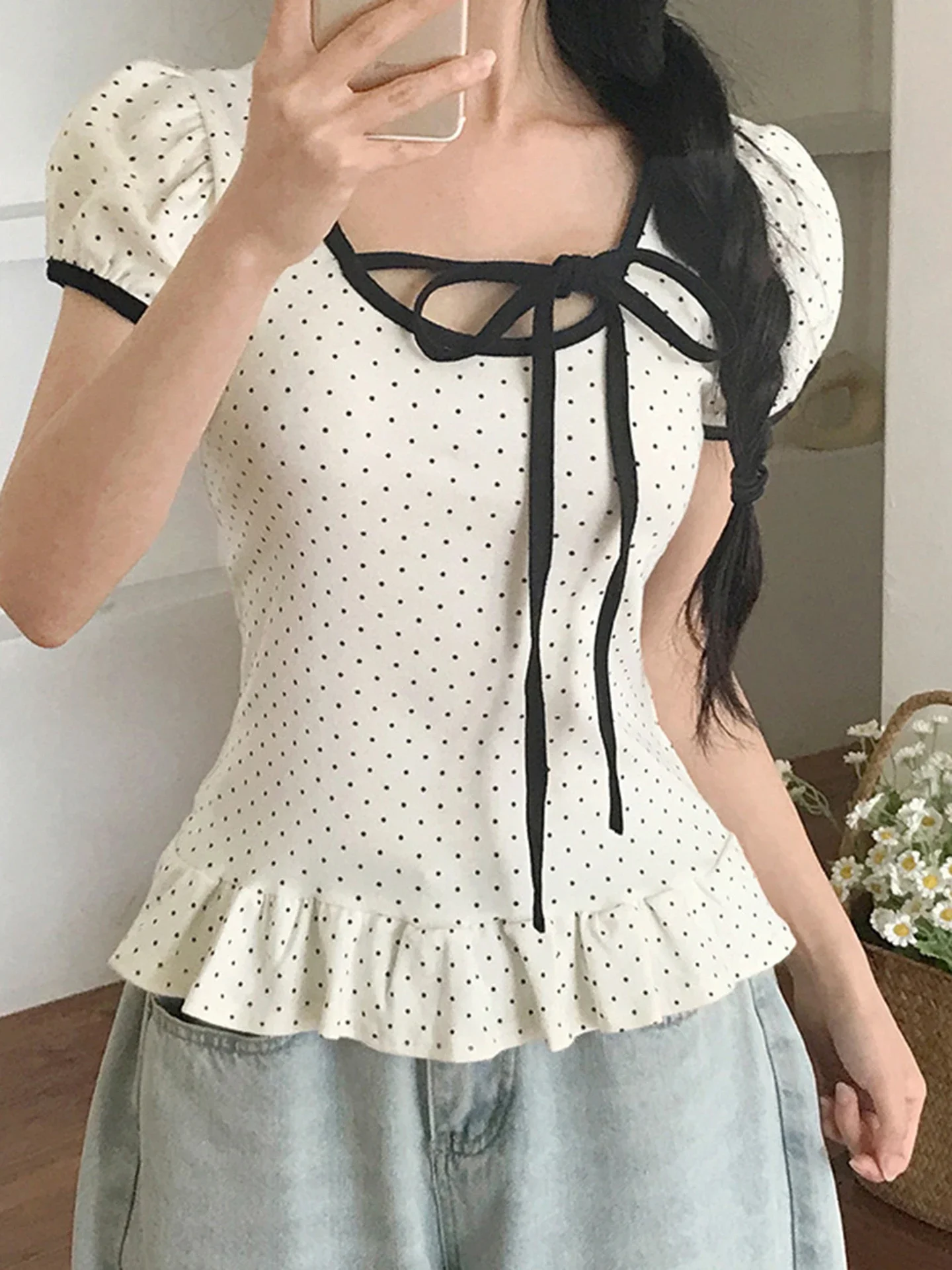 

FDEY Fashion Chic Cute Sweet Women Causal T-Shirts Short Sleeves Ruffly Polka Dot Prints Edible Tree Fungus Blouses