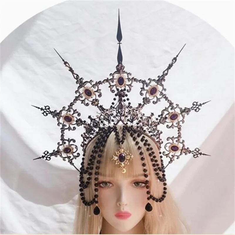 Lolita Gothic KC Hào Quang Vương Miện Baroque Mũi Nhọn Nữ Hoàng Anna Tiara Nữ Thần Mặt Trời Ma Quỷ Đầu Halloween Punk Phụ Kiện Tóc