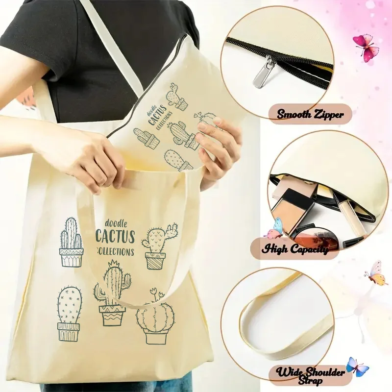 

White Tote Bags Set Cactus Print Makeup Bag Women's Handbags Shopper High-capacity Canvas Shopping Bags Grocery Storage