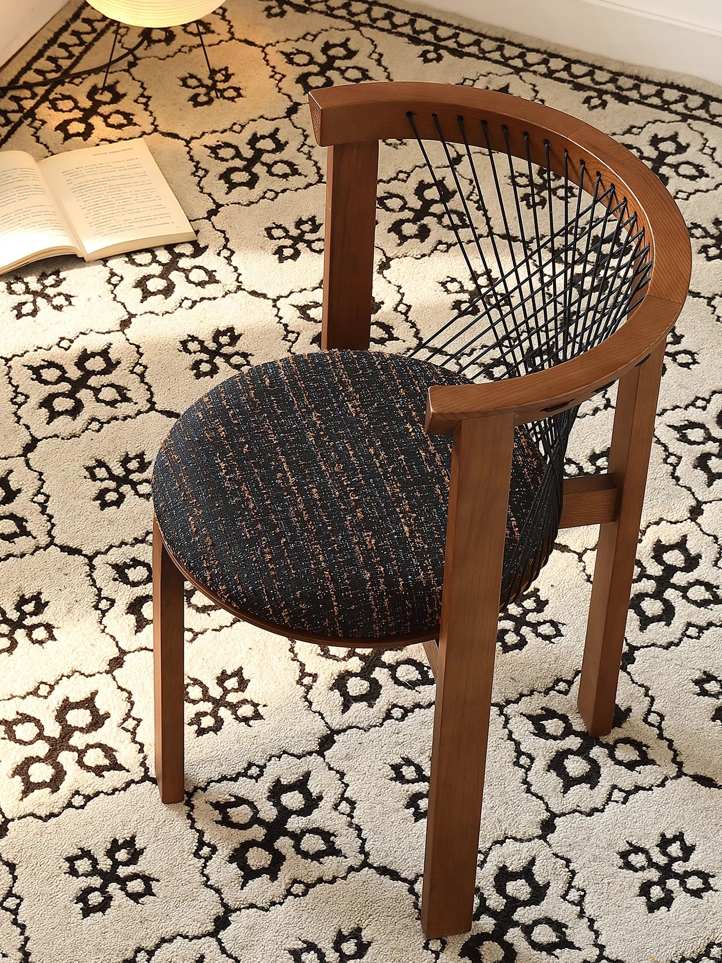

Medieval solid wood dining chair Danish designer homestay retro harp chair wabi sandy wind soft bag armrest stool back chair
