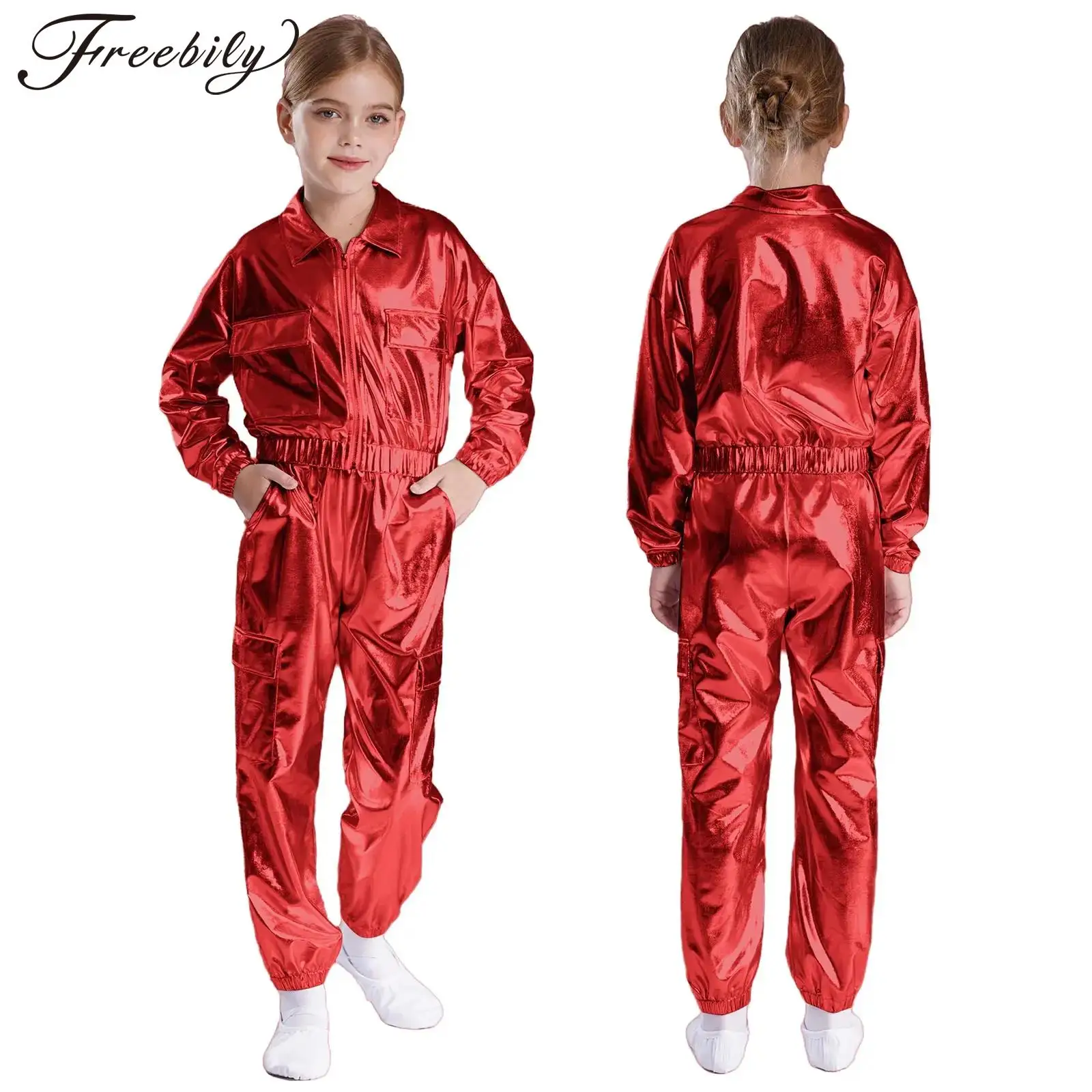Kids Boys Girls Metallic Hip-Hop Jazz Dance Set Long Sleeve Zipper Jacket Coat with Pants Modern Stage Performance Dancewear