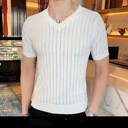 2024 Trend Summer Solid Color V-neck Hollow Out Men's Casual Thin Ice Silk Fabric Fashion Short Sleeve Slim Knitted T-shirt Tops