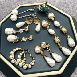 2023 New Ear Clips Vintage Water Drop Drop Ear Clips Mid-length Ear Clip Stud Earrings Baroque Pearl Lava Effect Stud Earrings
