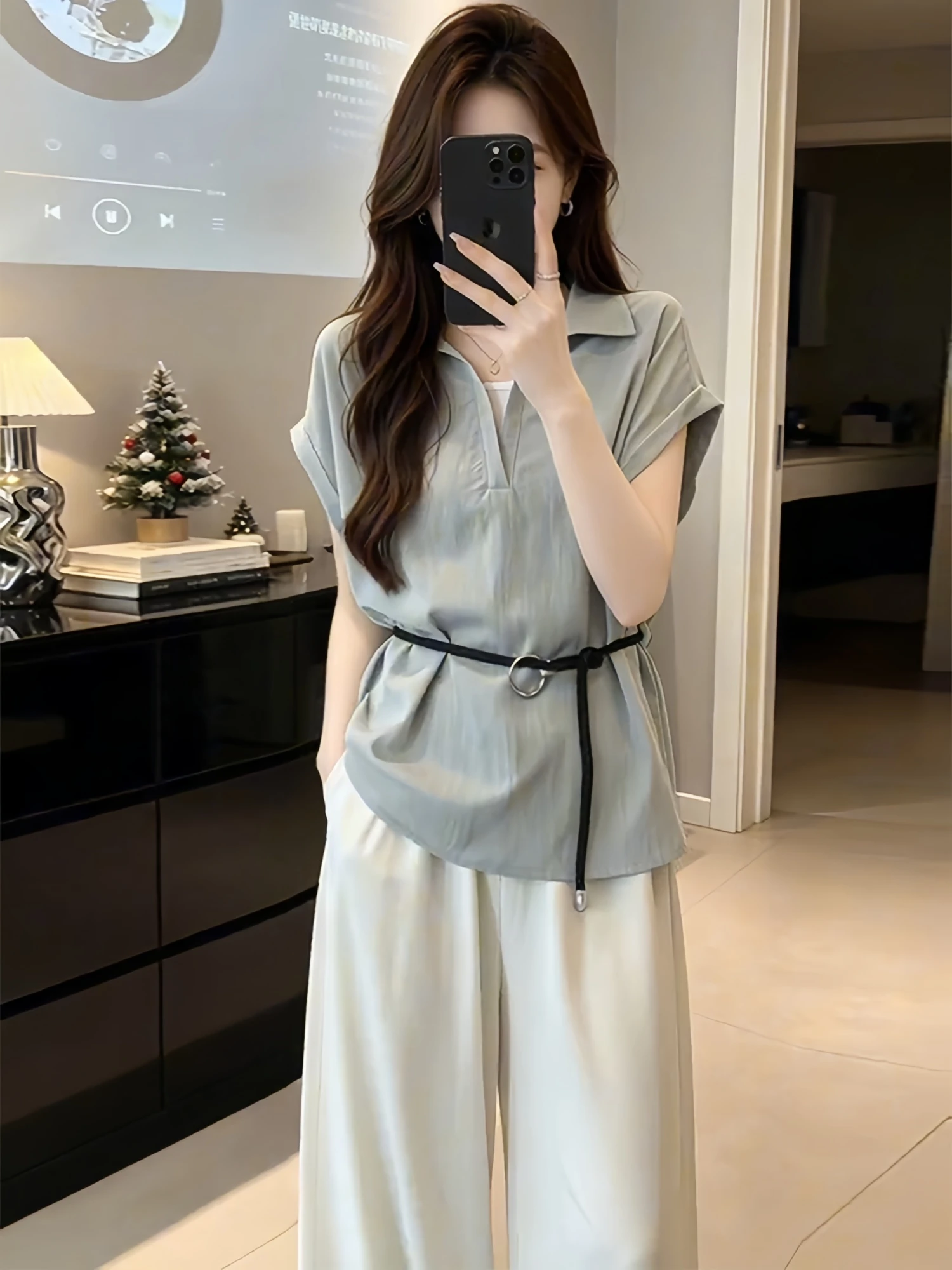 

Korean Style V-Neck Short Sleeve Shirt Women's plus Size Slimming Top Casual Loose Fit Belted Summer Fashion Ladies' Blouse