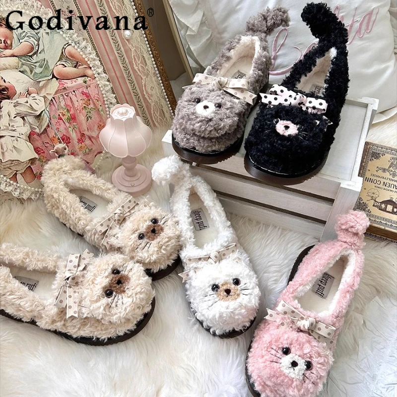 

Japanese Soft Girls Kawaii Cartoon Print Plush Indoor Shoes Autumn Winter New Sweet Cute Bow Low Heel Pumps Girls Y2K Flat Shoes