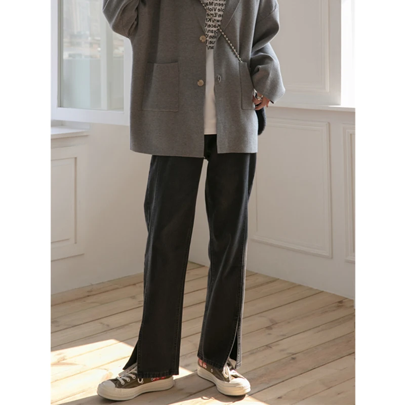 جينز عالي الخصر مستقيم الساق للنساء الكمثرى مقاس كبير فضفاض وواسع الساق شق الدينيم السراويل الخريف مزيج القطن عادية... #5