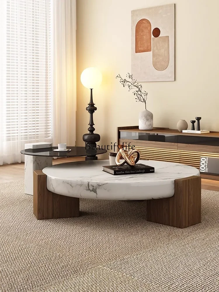 

01Nordic medieval style round marble solid wood coffee table small apartment French simple