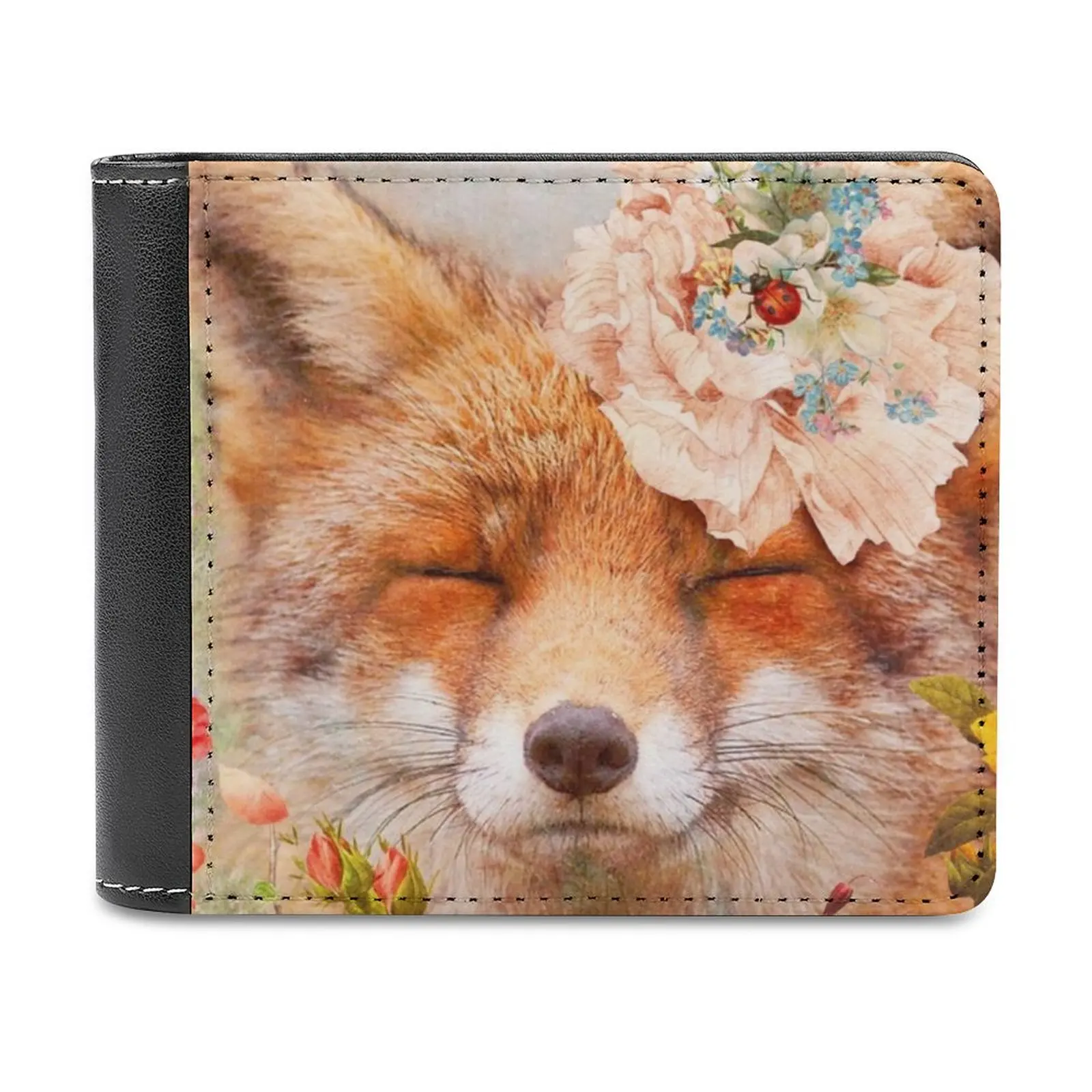 Happy Fox Leather Wallet Men's Wallet Diy Personalized Purse Father'S Day Gift Fox Happy Smile Flowers Personalized Wallet