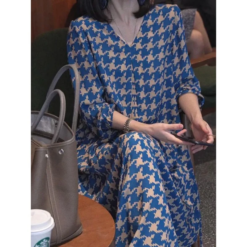 

Vintage V Neck Loose Ladies Dresses Spring New Long Sleeve All-match Print Elegant Elegant Dress Fashion Casual Women Clothing