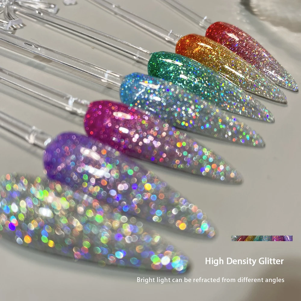 Vendeeni 10ml Tęczowy Lakier Hybrydowy z Efektem Laserowego Brokatu, Żelowy Lakier do Paznokci UV LED, Odblaskowy Glitter do Manicure, Pasuje do Każdego Bazy Koloru