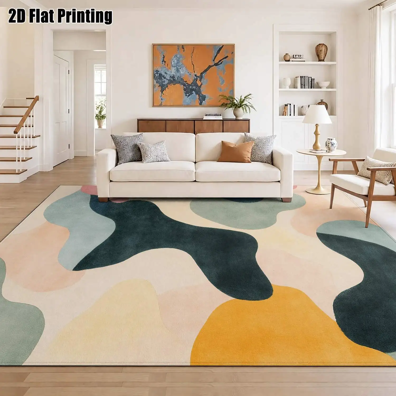 1Pc 2D Printed Morandi Abstract Geometric Nordic/Instagram Style Minimalist Carpet, Multi-Size, Machine Washable, for Living Room, Bedroom, Dining Room, Entrance, Study Home Decor