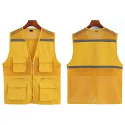 Mesh Director Waistcoat Reflective Stripes Director Fishing Vest with Multi Pockets for Men Breathable Lightweight for Outdoor