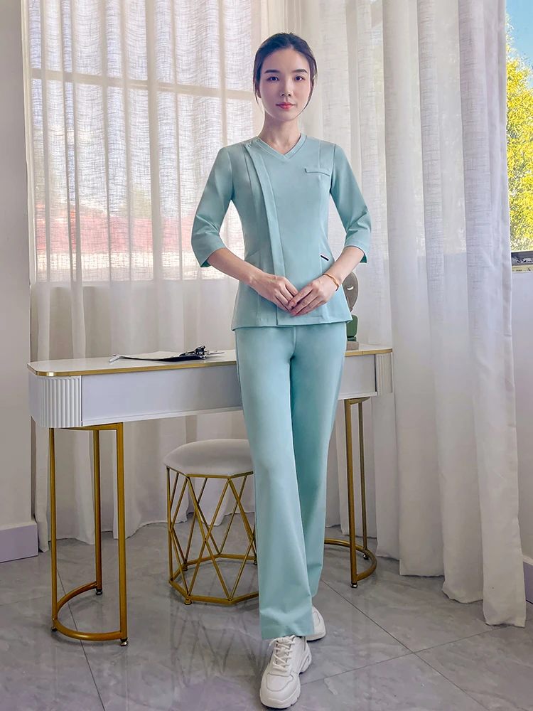 

Korean Style Dental Nurse Uniform Top And Bottom Set V Neck Short Sleeve Workwear for Doctors And Nurses Spring Autumn