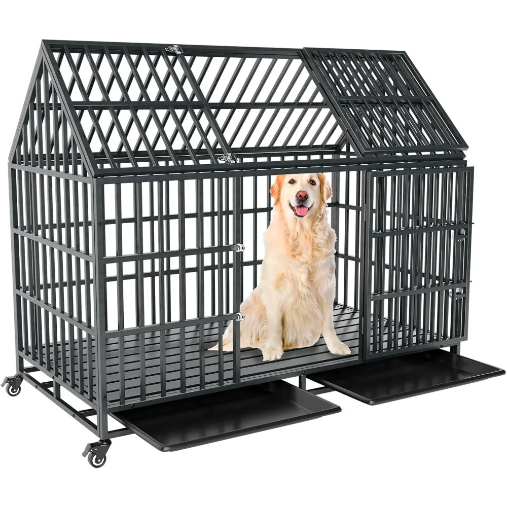 

Very /54 Inch Heavy Duty Dog Crate Extra Large Dog Cage Kennel, Indestructible XXL Dog Crate With Open Roof Top, Trays And Wheel