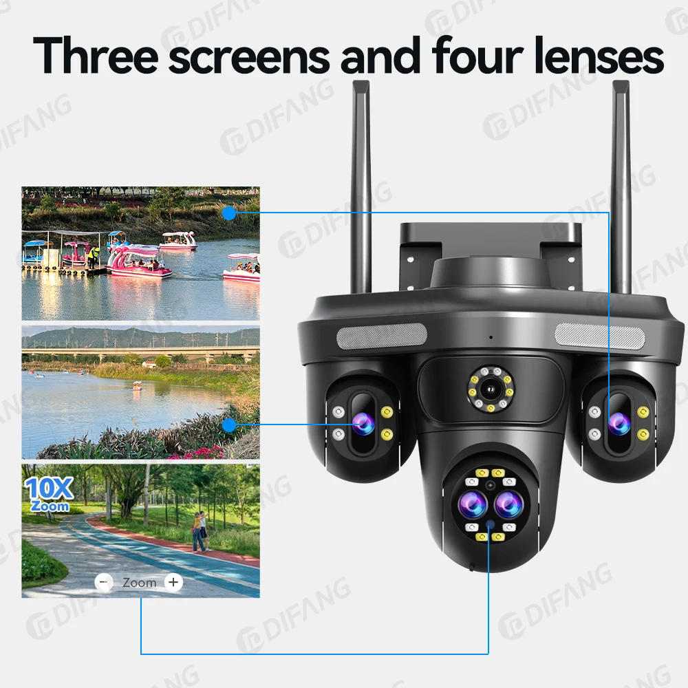 20MP 10K CCTV IP Camera Three Screen PTZ 10X Zoom WiFi Security Camera Ai Tracking Video Camera Security Protection Surveillance