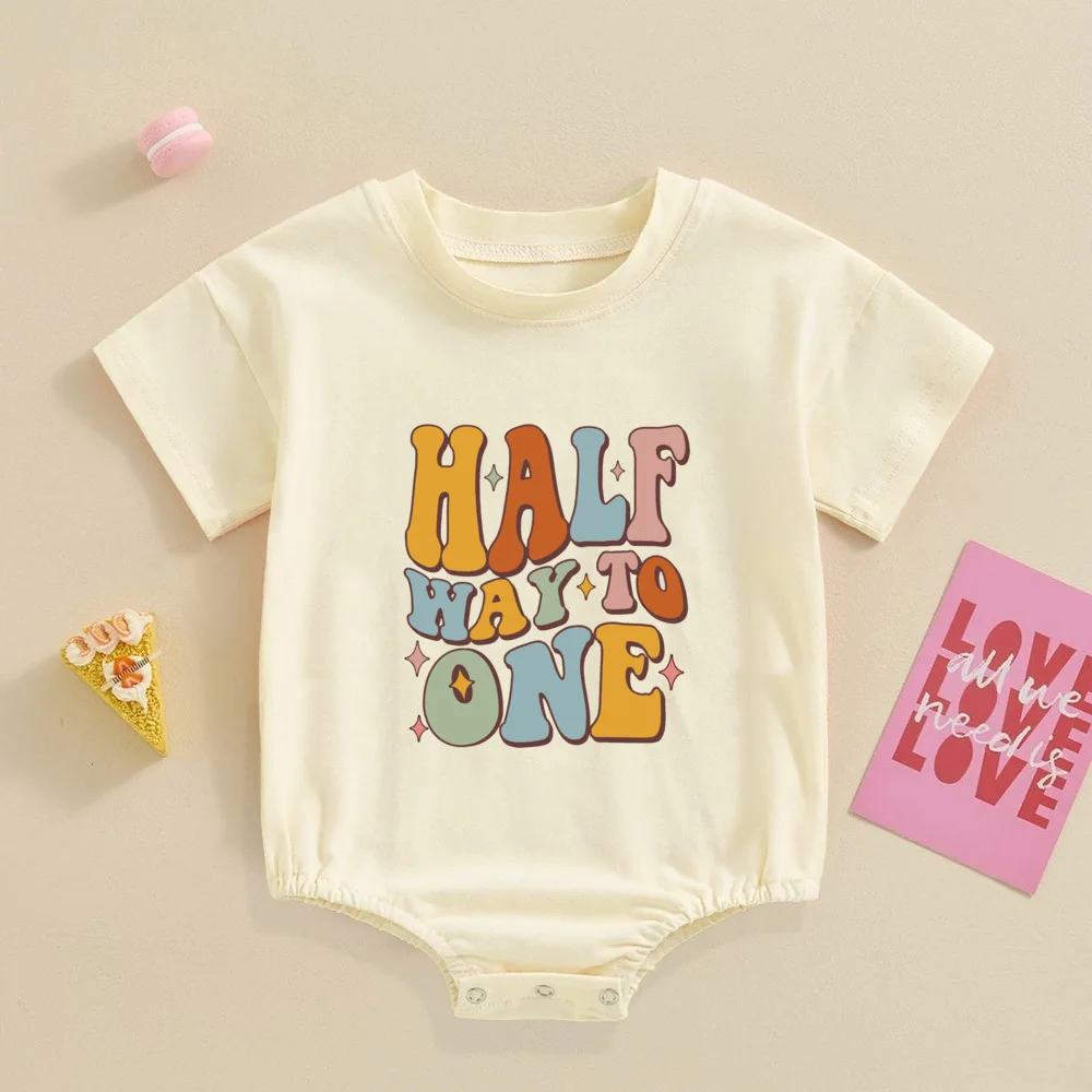 Half Way To One Birthday Bubble Romper Baby Half Large Bodysuit Infant 6 Month Old Outfit 6 Month Photoshoot 1/2 Birthday Shirt