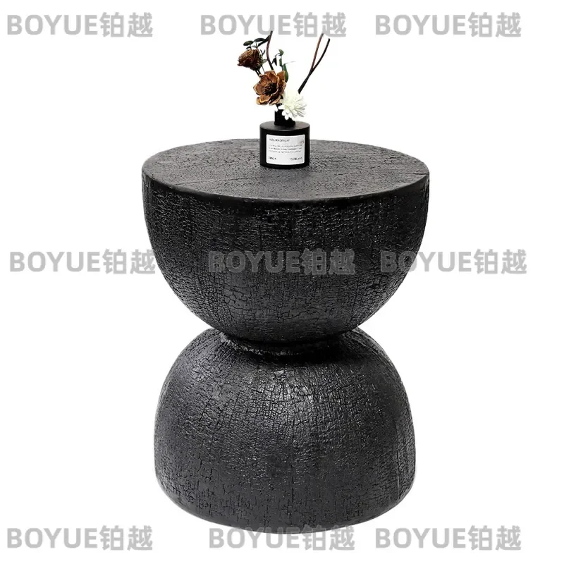 Wabi Sabi Round Coffee Table Imitation Solid Wood Edge Stump Carbonized Creative Home Decor Medieval Style Living Room