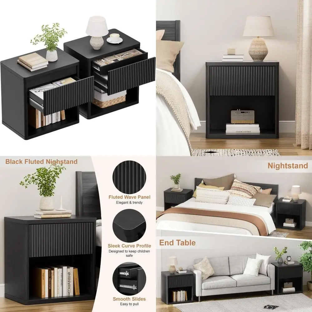 زوج من طاولات النوم الحديثة ذات المزامير باللون الأسود بعرض 22.8 بوصة مع 4 أدراج وتخزين مخفي
