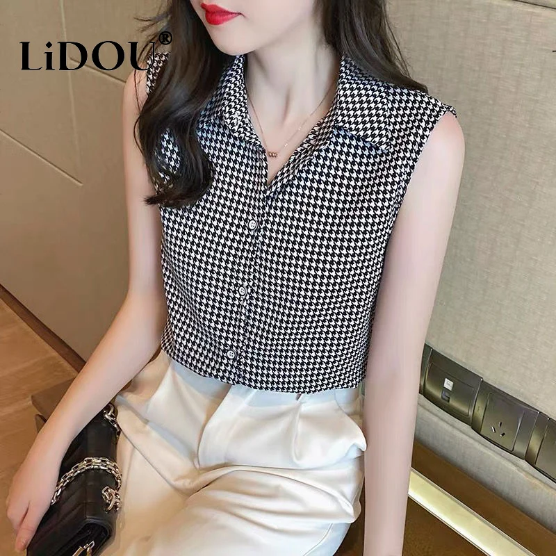 Summer Autumn New Fashion Houndstooth Korean Tank Female Simple Sleeveless Chiffon Top Women Chic Casual Loose Lady Clothes