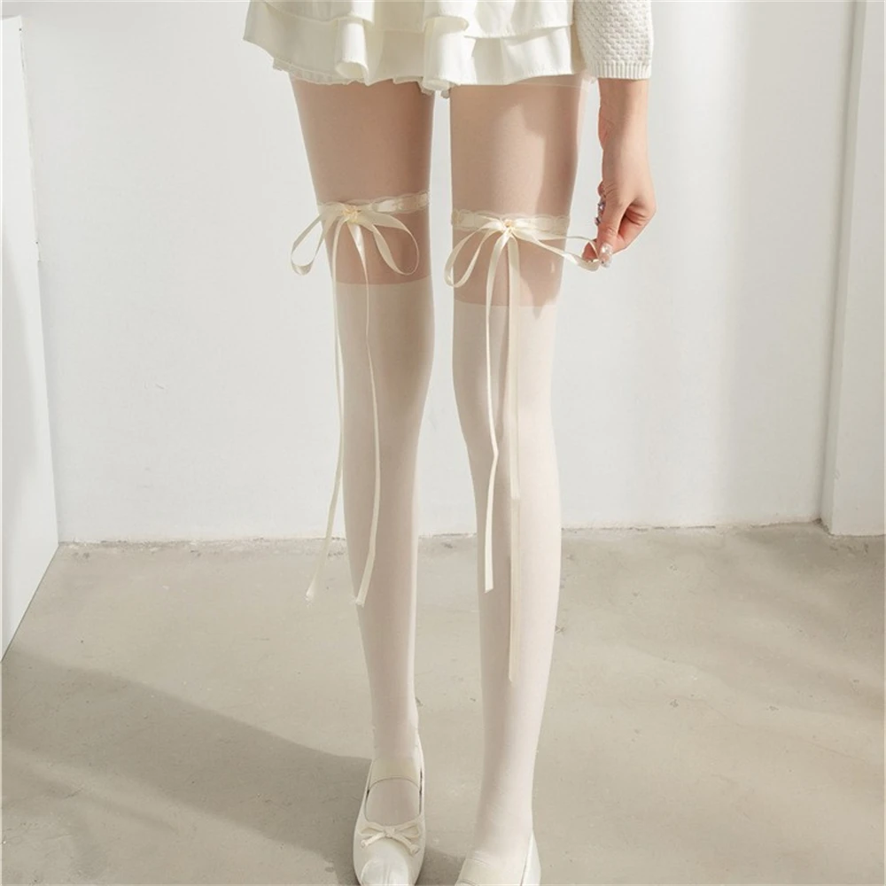 Female Sweet Bow Ribbons White Thin Anti-slip Tights Stockings Cute Girls' Party JK Lolita Thighs Socks Black Pantyhose Straps