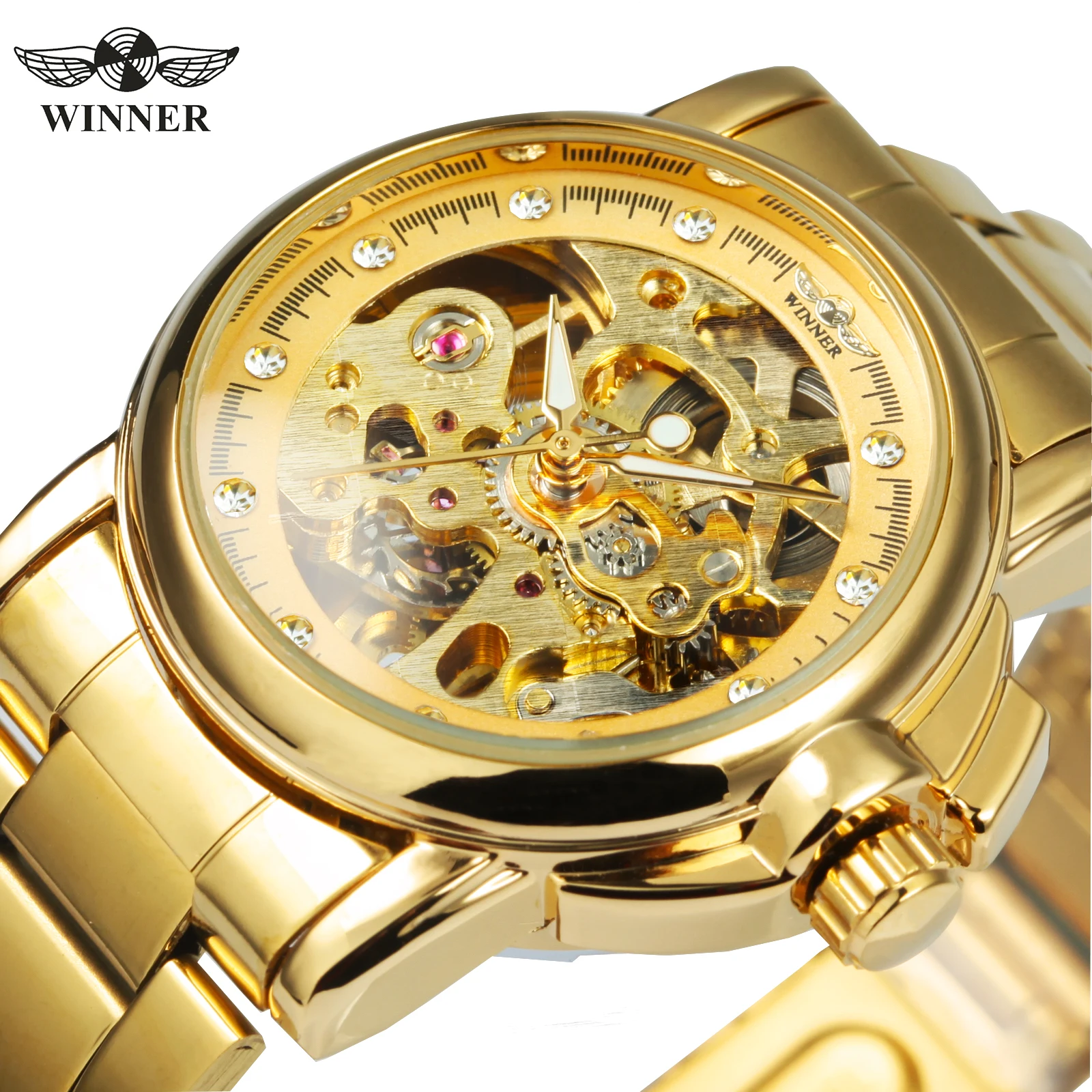 

WINNER Elegant Ladies Watches Top Brand Luxury Iced Out Skeleton Automatic Mechanical Watch for Women Stainless Steel Strap New