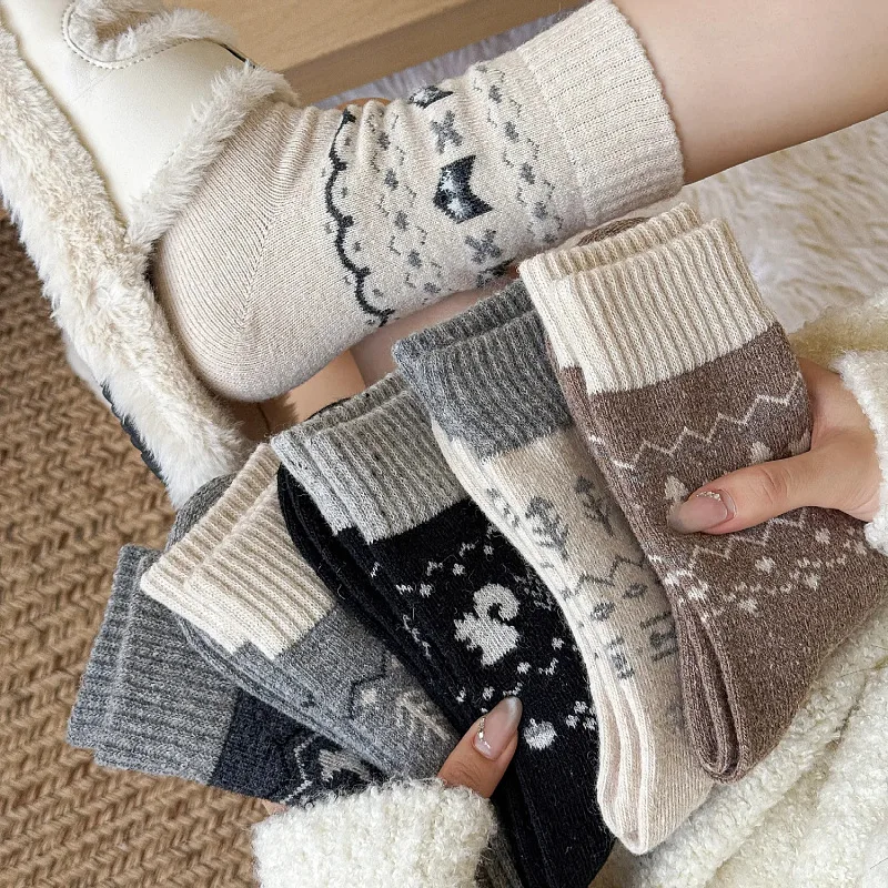 Wool Socks Women 2026 New Autumn and Winter Retro Medium Tube Socks Japanese Cartoon Animal Thickened Warm Socks Christmas Gifts