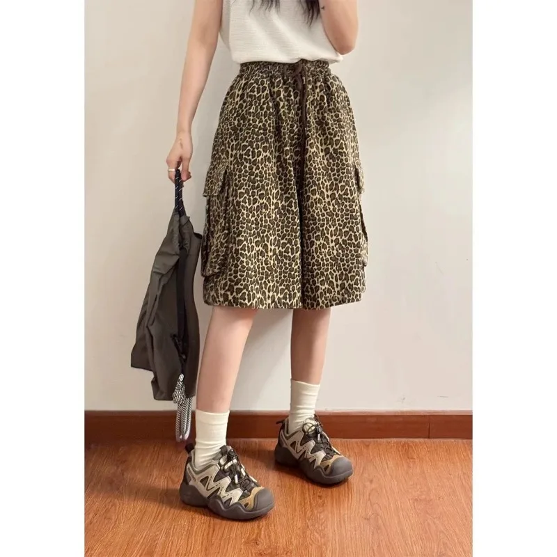 Deeptown Vintage Leopard Cargo Shorts Pants Harajuku Y2k Oversized Sports Jogging Trousers Streetwear Wide Leg Baggy Summer