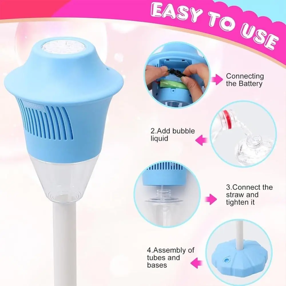 Fabricante de bolhas recarregável com suporte, máquina automática de bolhas verticais com luz noturna e lâmpada de jardim de bolhas musicais