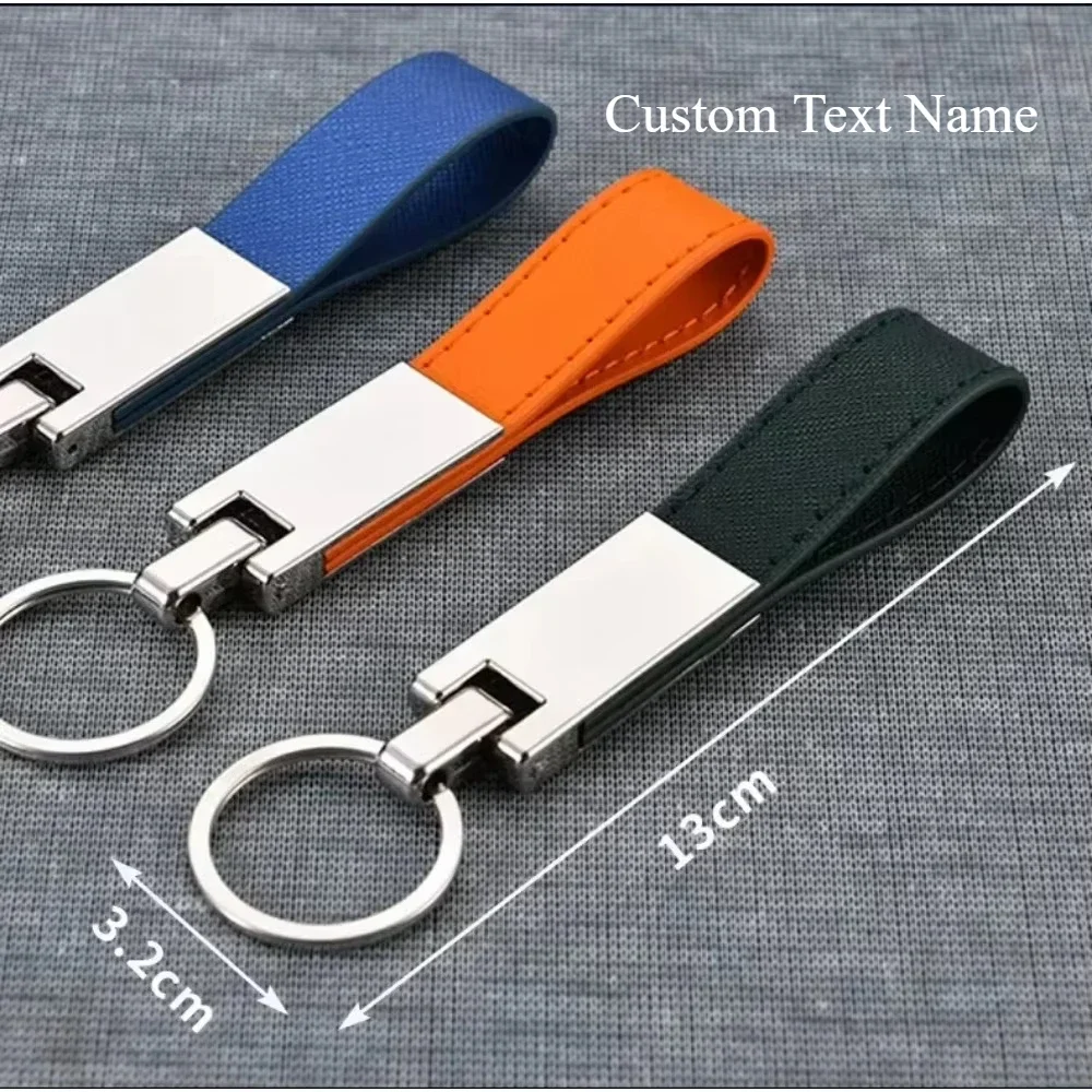 

Customized Laser Logo Creative Metal Personalized Car Keychain Men Genuine Leather Keyring with Key Ring Chain Accessories Gift