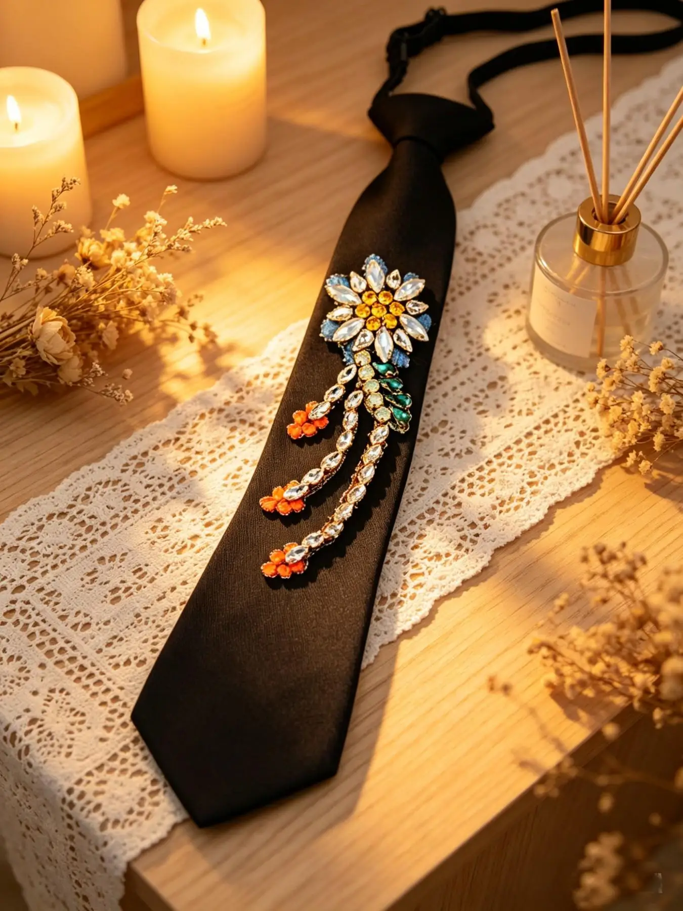 Bohemian Pre-Tied Pearl Necktie for Women - Black Boho Vintage Tie with Faux Pearl Embellishment, Campus Student Office Lady Cas