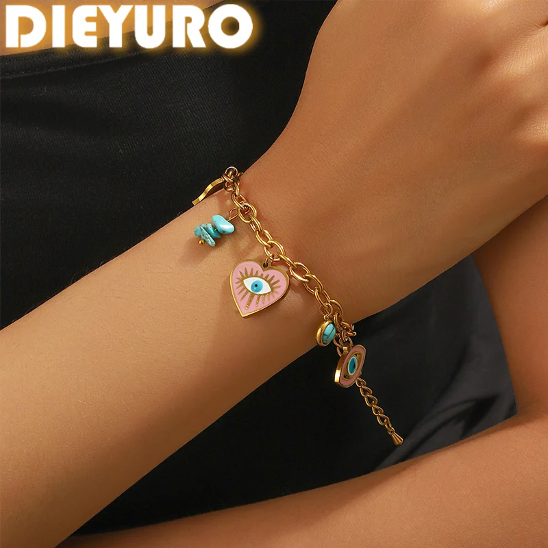 DIEYURO 316L Edelstahl-Armband mit rosa Emaille-Herz, dem bösen Blick und türkisfarbenem Anhänger, wasserdichter Modeschmuck für Damen
