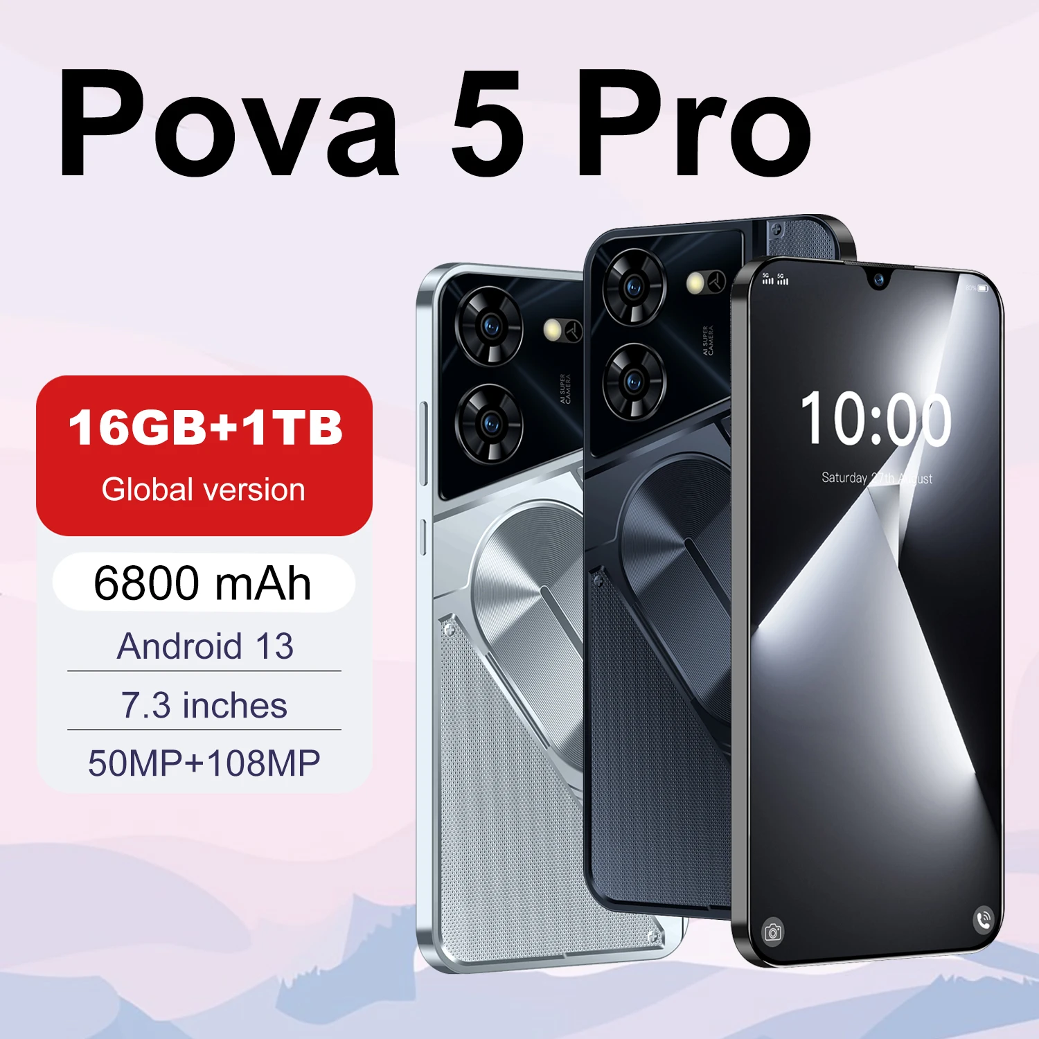 Pova-teléfono móvil 5 Pro versión Global, Smartphone con 16GB + 1TB, pantalla HD de 7,3 pulgadas, Android 13, batería de 6800mAh, 5G, Tarjeta SIM