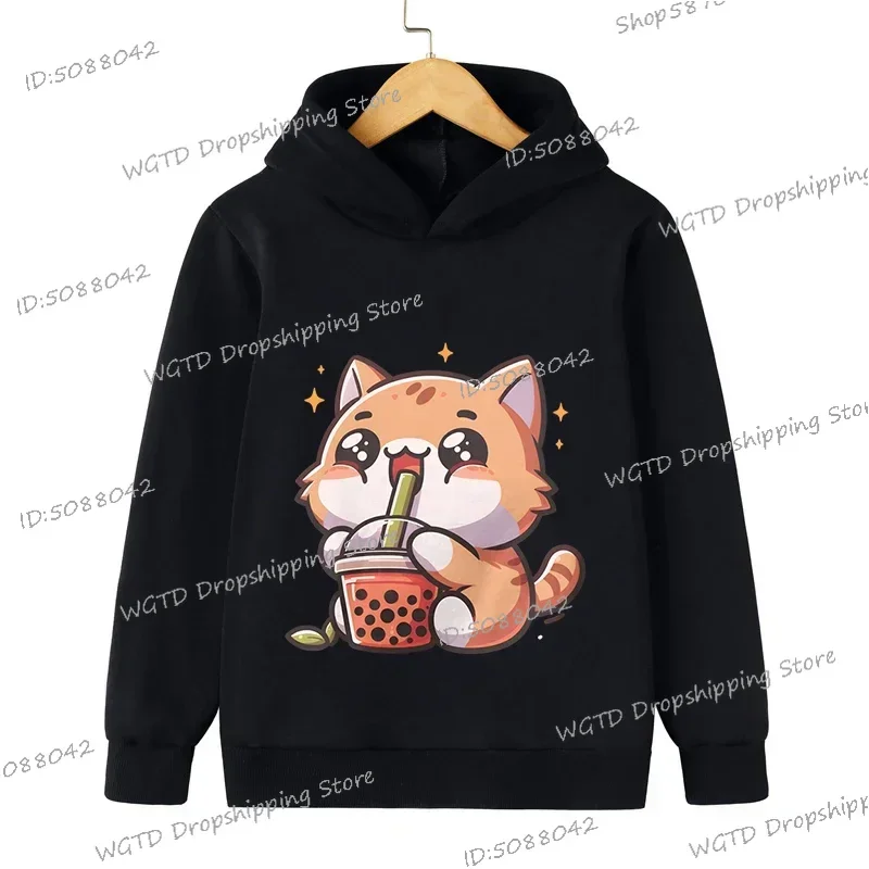 Children Clothing Ginger Cat Bobo Tea Sweatshirts Fashion Long Sleeve Boys Girls Animal Lovely Hoody Kids Kitten Milk Tea Hoodie