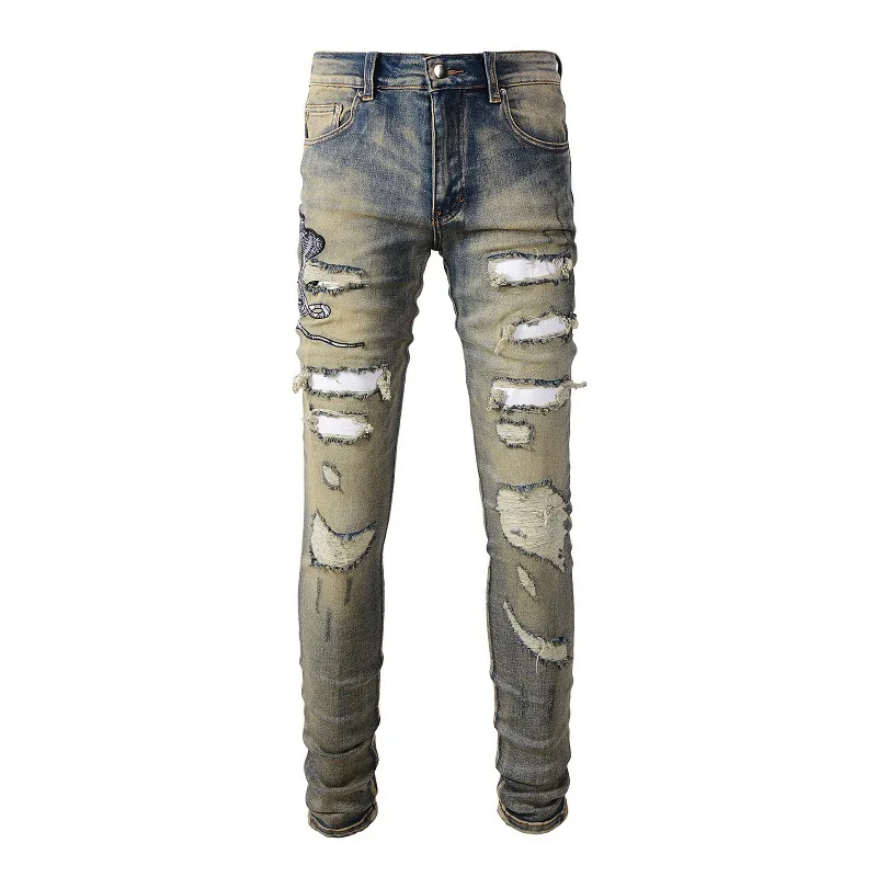 

High Street Men's Wear Denim Embroidered Men's Jeans Men's Ripped Pants Nostalgic Scratched Small Foot men Pants