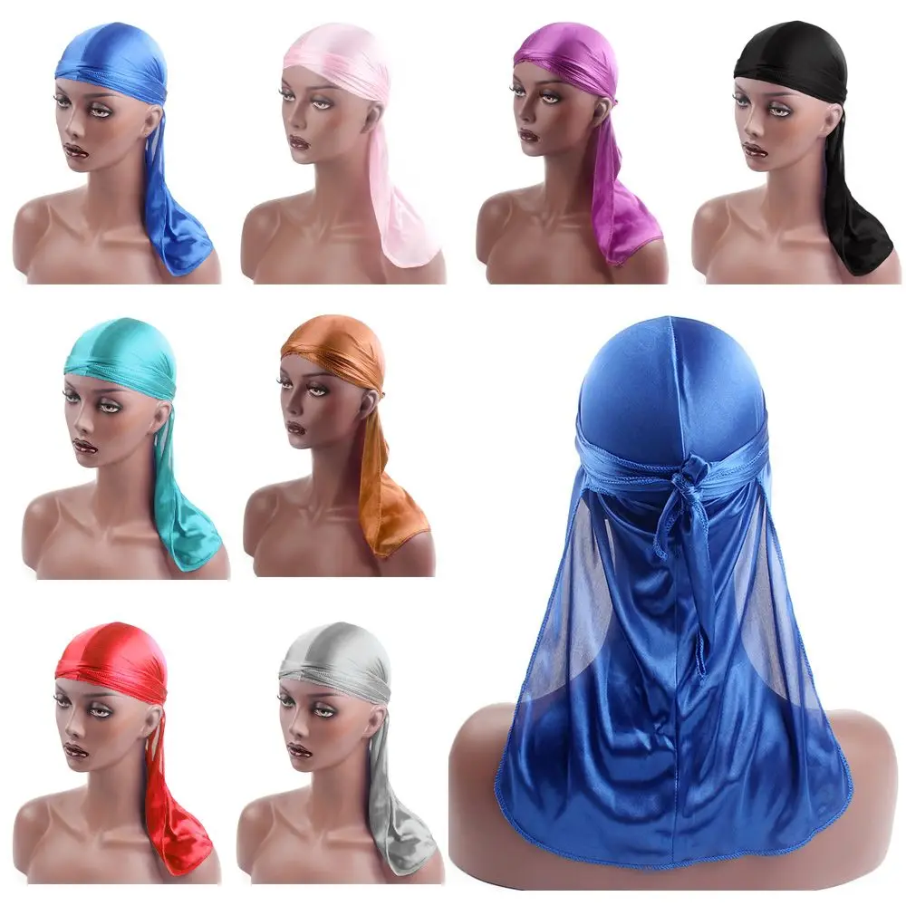 Fashion Pre-Tied Silk Durag Adjustable Polyester Pirate Hat Elastic Turban Hijab Men Women