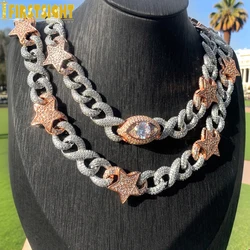 New Miami Eye Lock Cuban Chain Necklace Two Tone 16mm Iced Out Bling CZ Zircon Infinity Star Charm Men's Women Hip Hop Jewelry