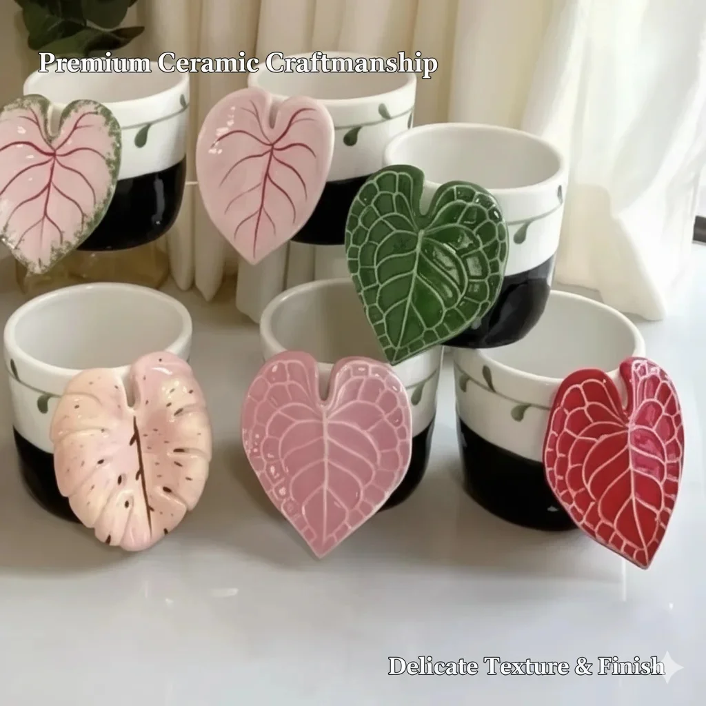 Creative 3D Plant Leaf Ceramic Coffee Cup Handmade Underglaze Color Latte Mug Monstera Anthurium For Plant Lover Home Decor Gift