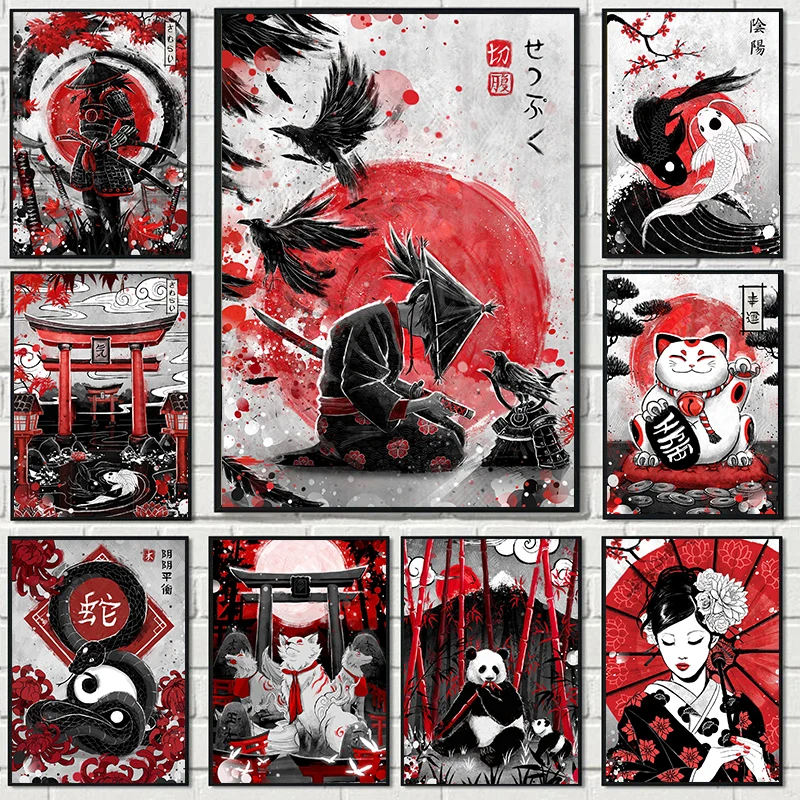 Modern Black and Red Japanese Spirits Poster Geisha Samurai Cat Mount Fuji Canvas Painting Wall Art for Living Room Home Decor