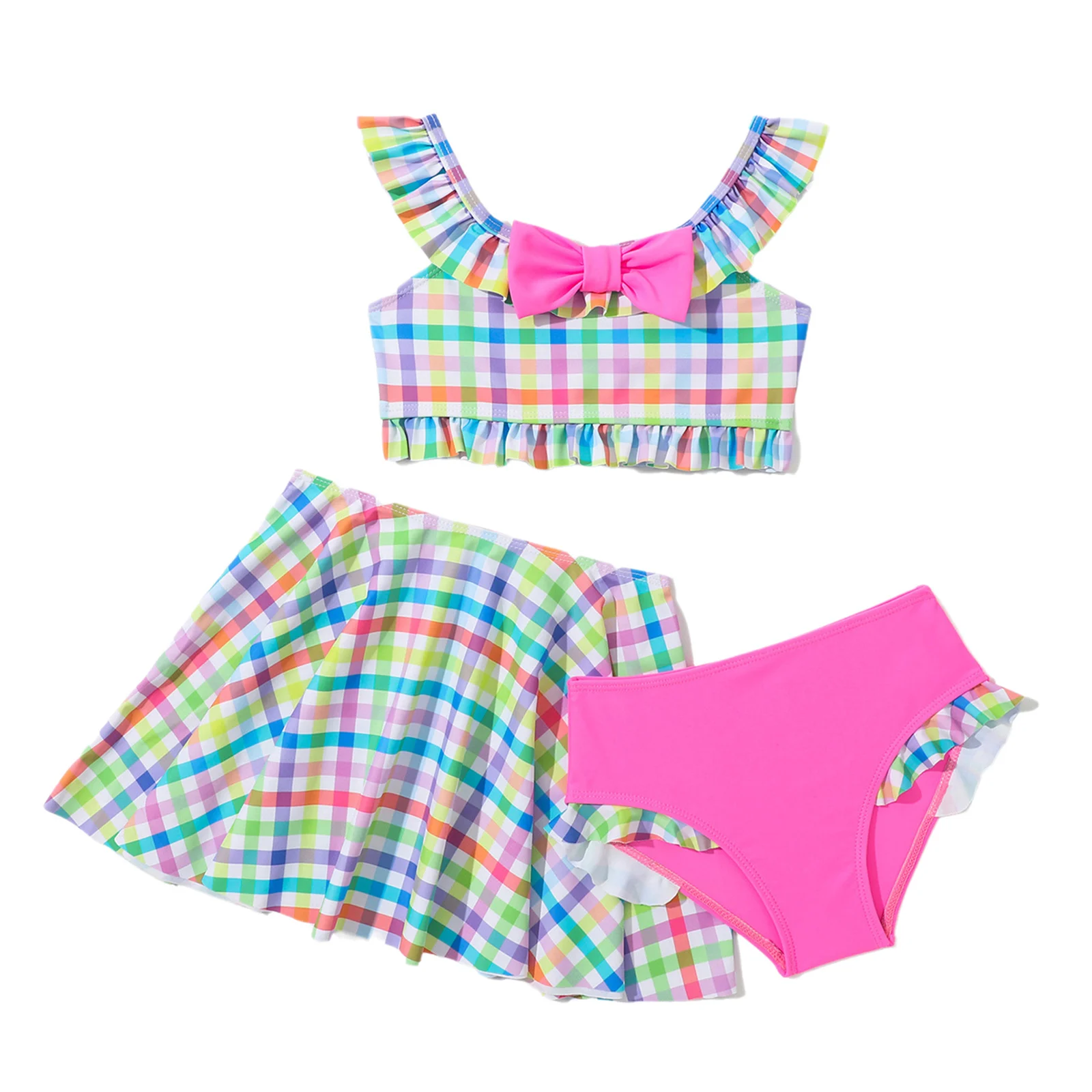 

Girls Colorful Gingham Bathing Suit Cute Beachwear 3 Pieces Sweet Swimsuit Summer Checkered Bow Swimwear Tank Tops Brief Skirt