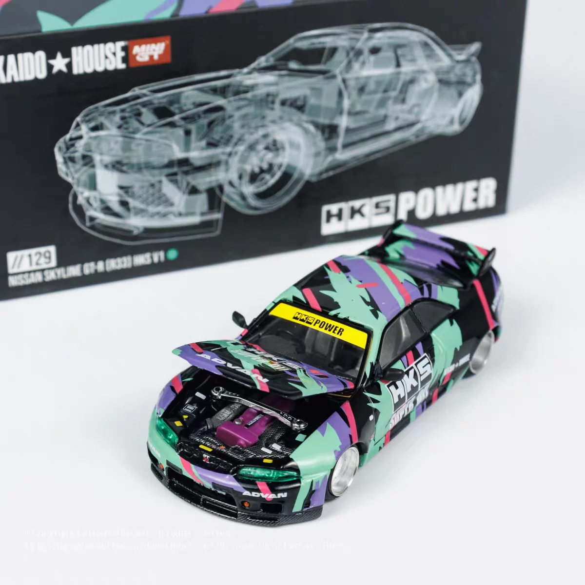 

Kaido & MINIGT 1:64 Nissan Skyline GTR Alloy Car Model Nissan Skyline R33-HKS