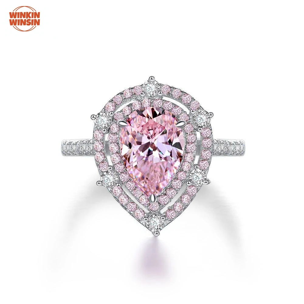 

Winkin Winsin 925 Sterling Silver 1.5ct Pink Diamond Ring Lab Grown Gemstones High Carbon Diamond Water Drop Ring for Women