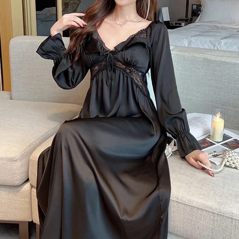 Long Nightgown Women Sleepwear Soft Satin Sleep Dress Nightdress Spring Autumn Home Dress Gown Loose Intimate Lingerie Nightwear