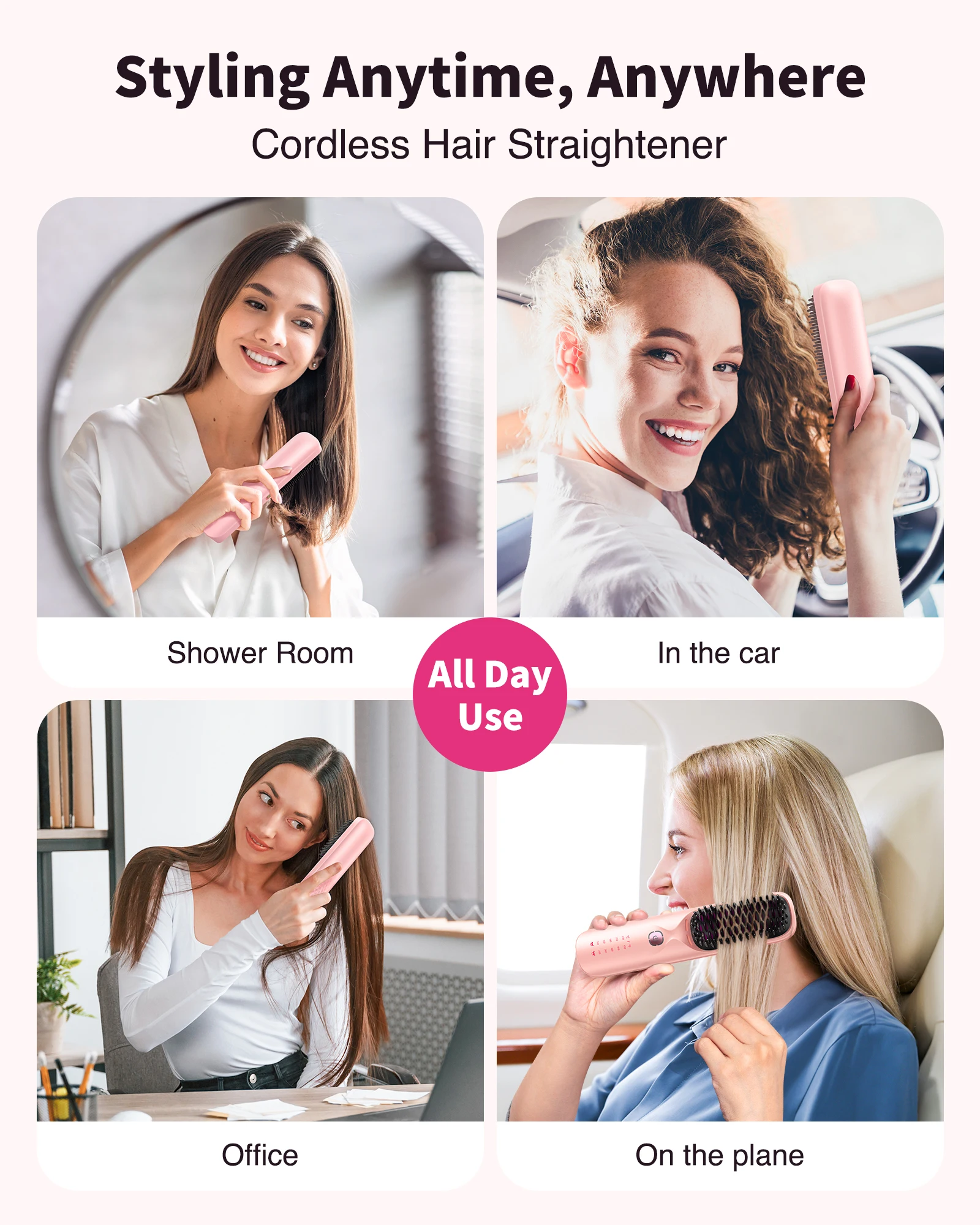 Compact Cordless Hair Straightener Brush 1000mAh Rechargeable Wireless Anti-Scald Negative Ions Frizz- for Household Use