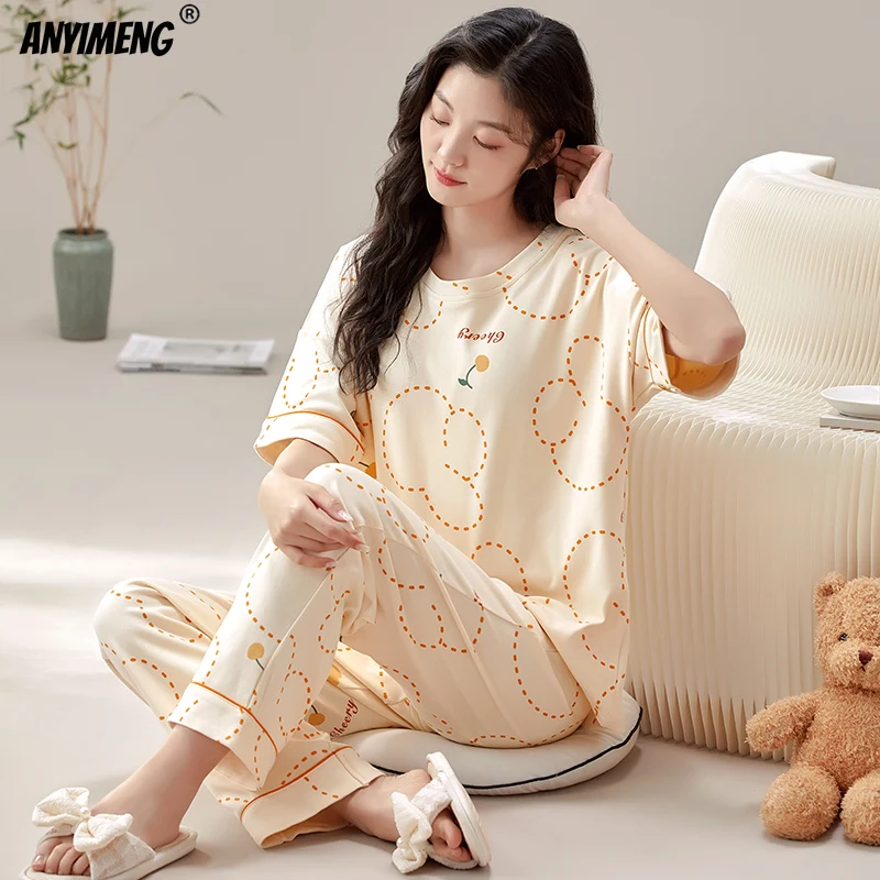 Spring Summer Pajamas for Women Cotton Pijamas Short Sleeves Plaid Pants Sleepwear O-neck Woman Pajama Fashion Loungewear