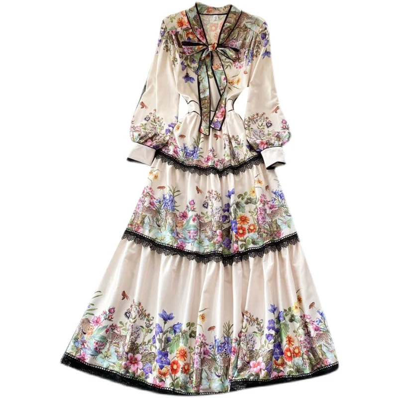 Ele Floral Print Long Dr with Belt And Bow High Waist Slimming Lace Trim V Ne a Line Skirt for Commuting Spring 