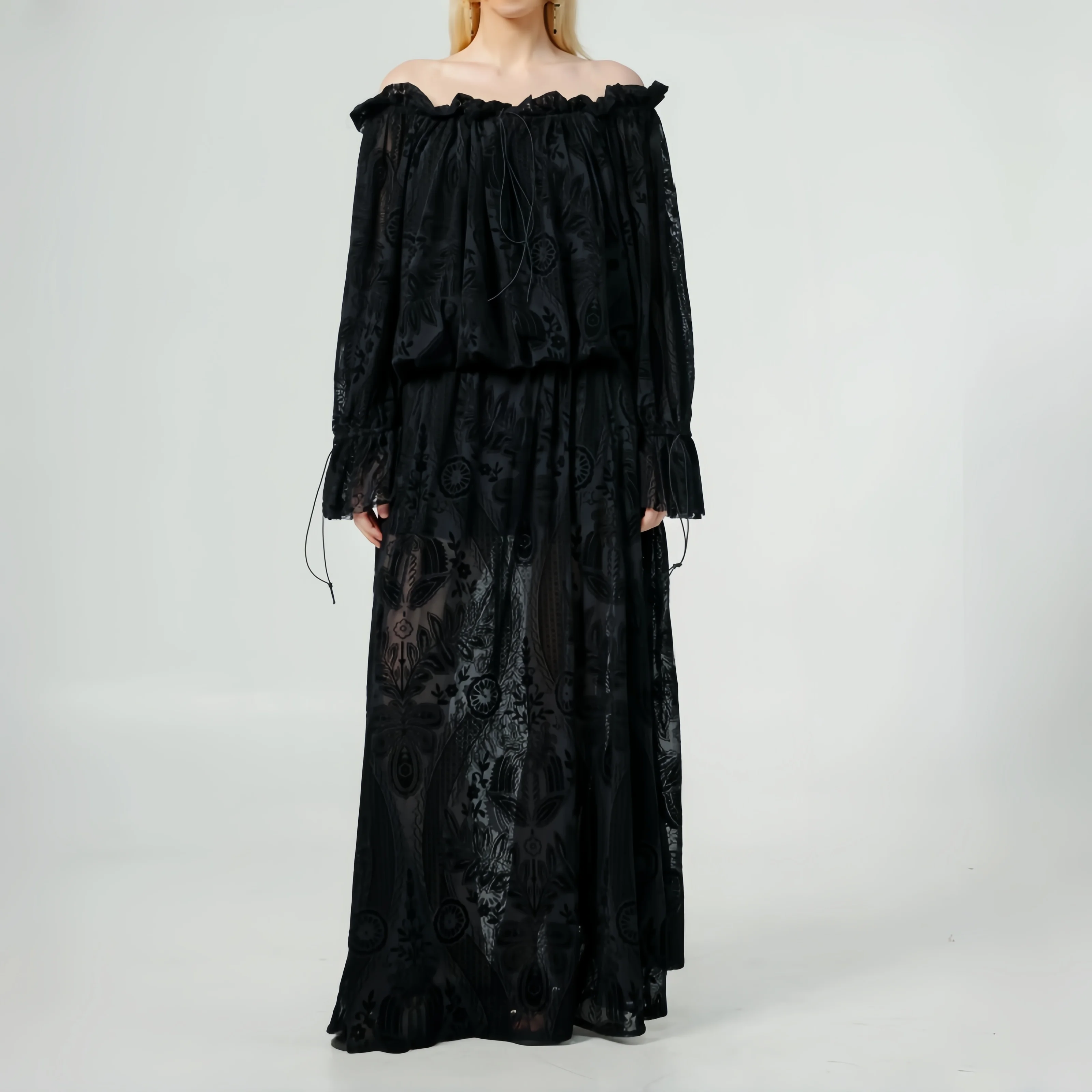 

Black Off Shoulder Printing Maxi Dress Boho Sheer Long Sleeve Floor Length Dress Casual Dress Beach Party Holiday Gown