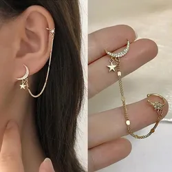 1PC 2022 New Fashion Gold Color Moon Star Clip Earrings For Women Simple Fake Cartilage Long Tassel Ear Cuff Jewelry Gift