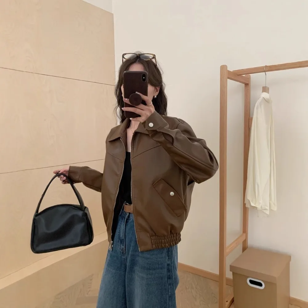 

Faux Leather Clothes Lady Casual Women's Spring Jacket with Stand Collar Brown Black PU Leather Jacket Luxury New Coat Outerwear