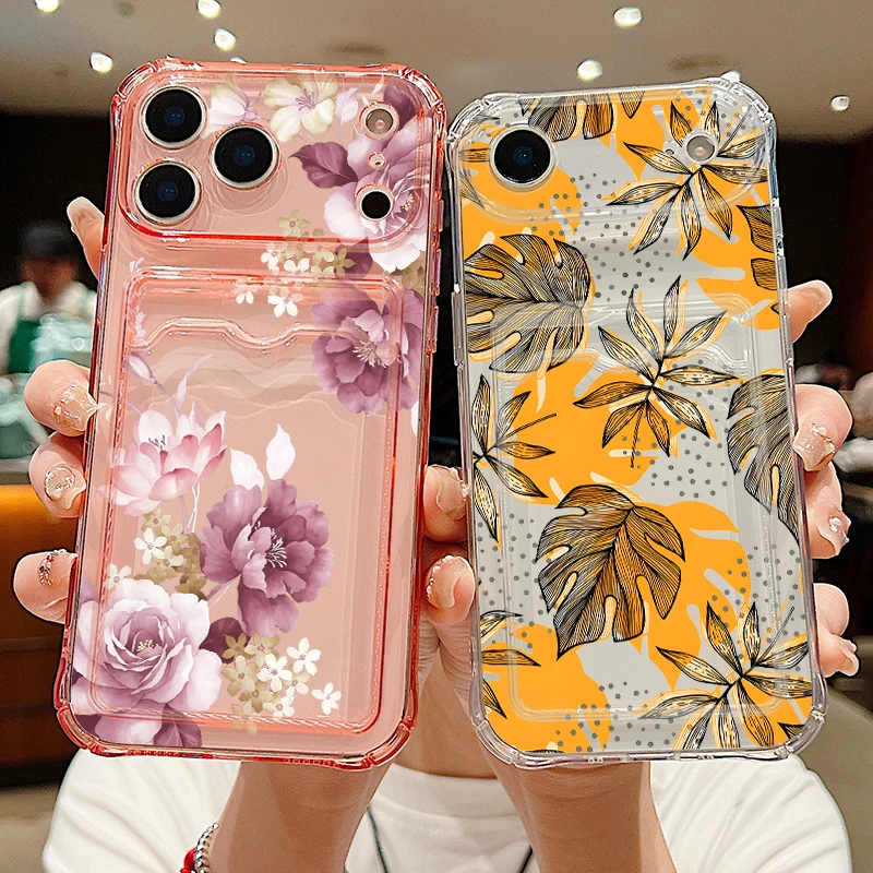 Purple Flower Printed Clear Phone Case For iPhone 17e 18 17 Pro Max 16 15 14 13 Pro Max 16e Card Pocket Soft TPU Silicone Cover