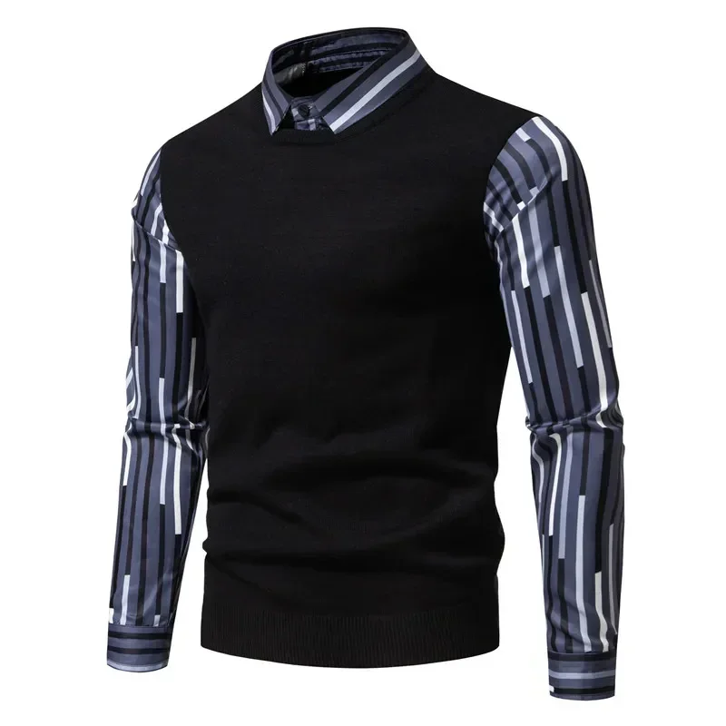 New Autumn and Winter Men\'s Polo Collar Fake Two Piece Long Sleeve Sweater Multi Style Printing Slim Fit and Warm Men Clothing